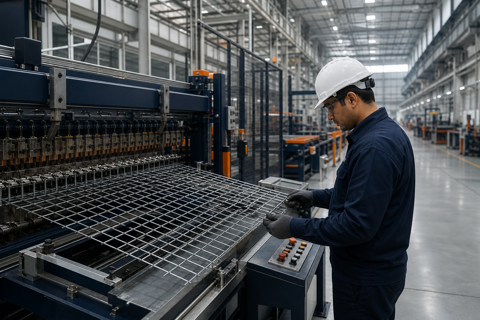 Engineer inspecting welded steel mesh on a modern production line