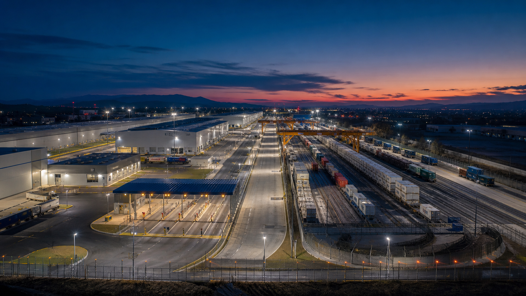 Transport and logistics terminal with long controlled boundary